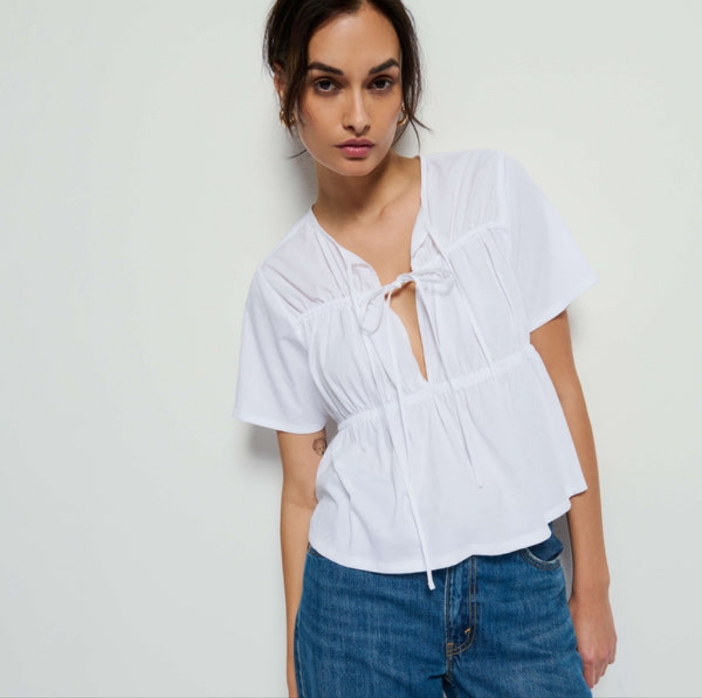 Anthropologie White Short Sleeve Peplum Tie-Front Tee